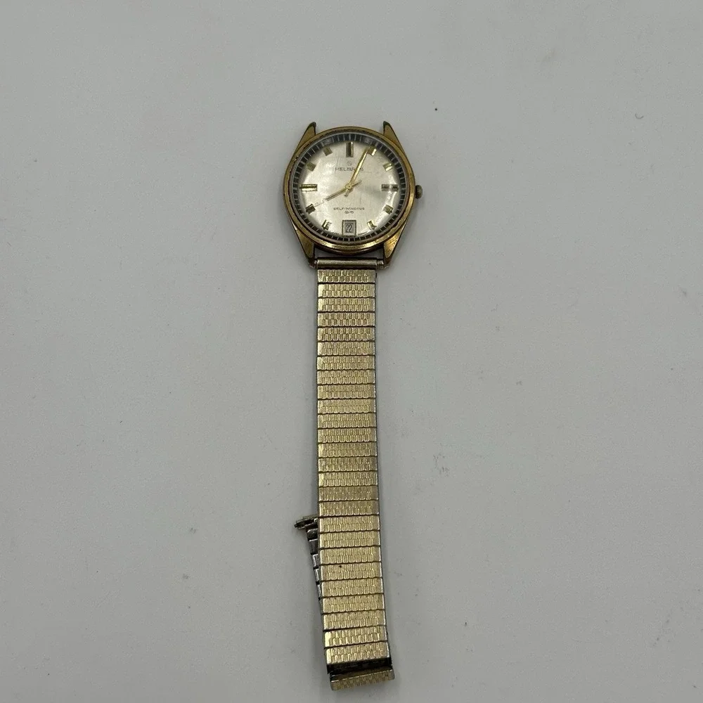 VTG 60s Helbros Self Winding Mechanical Watch DateJust For Parts Broken Gold Ton